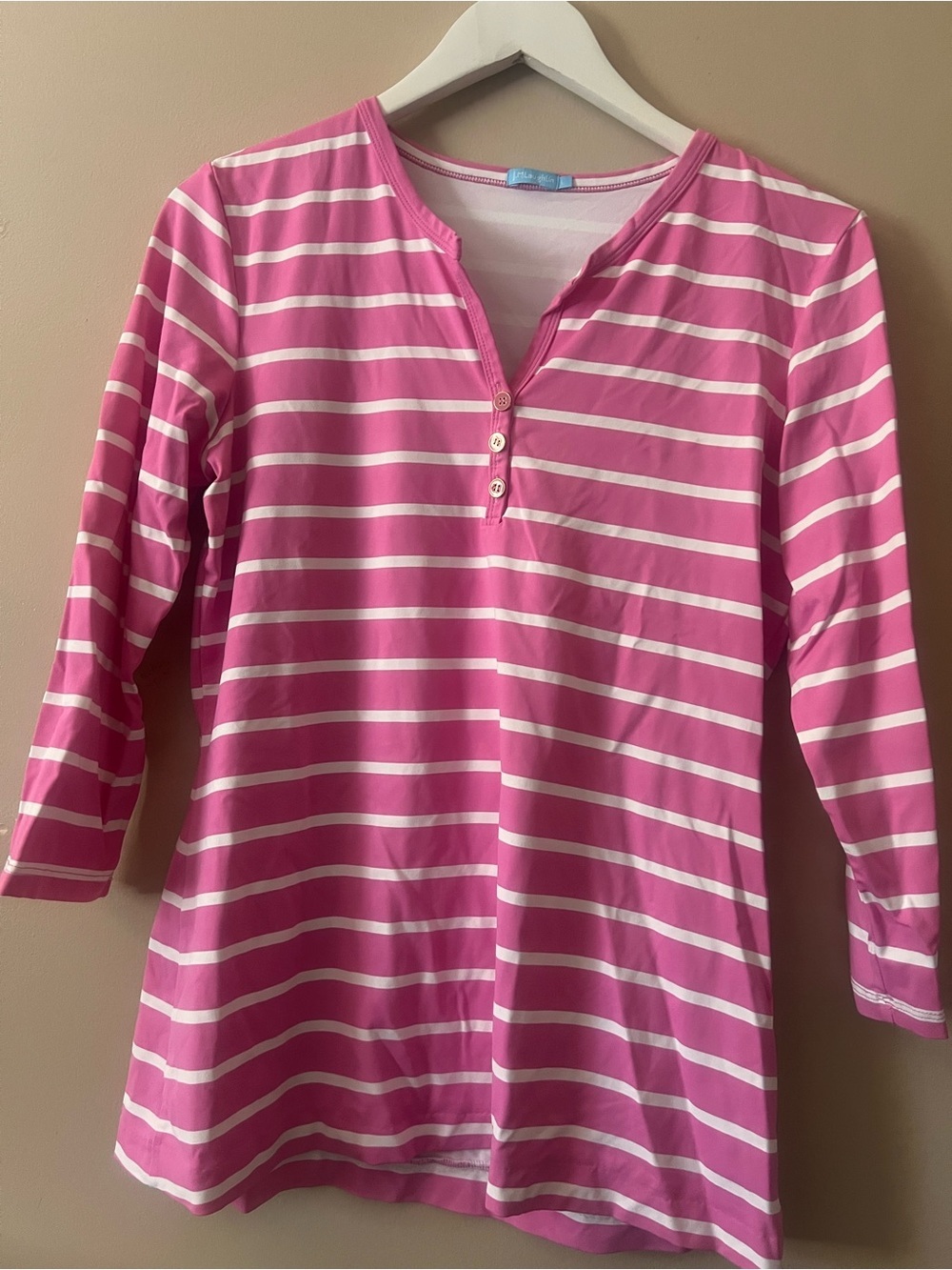 J McLaughlin Catalina Cloth Pink white Stripe Stretch Shirt nautical preppy lar